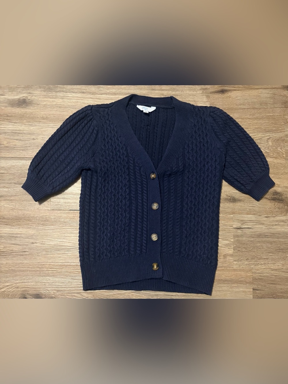 Time and True - Navy Cable Knit Short Sleeve Cardigan Sweater - Size Small (4/6)